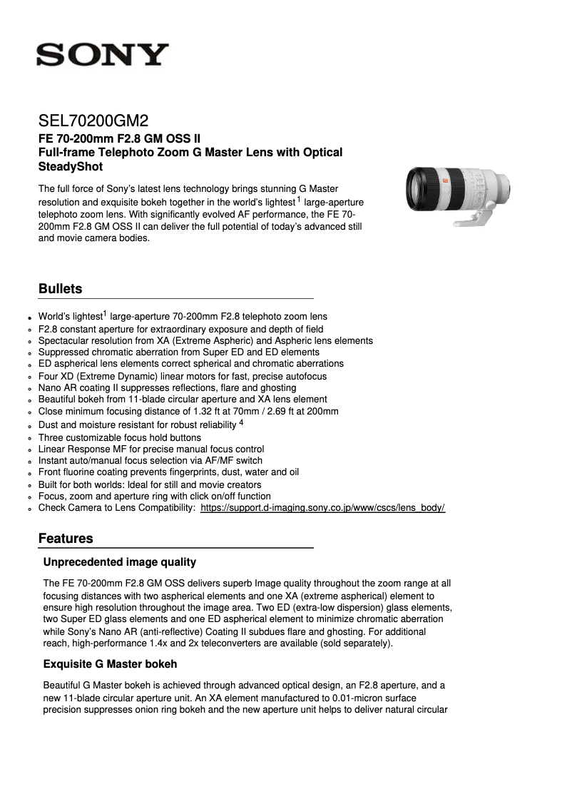 Page 1 de la notice Fiche technique Sony FE 70-200mm f/2.8 GM OSS
