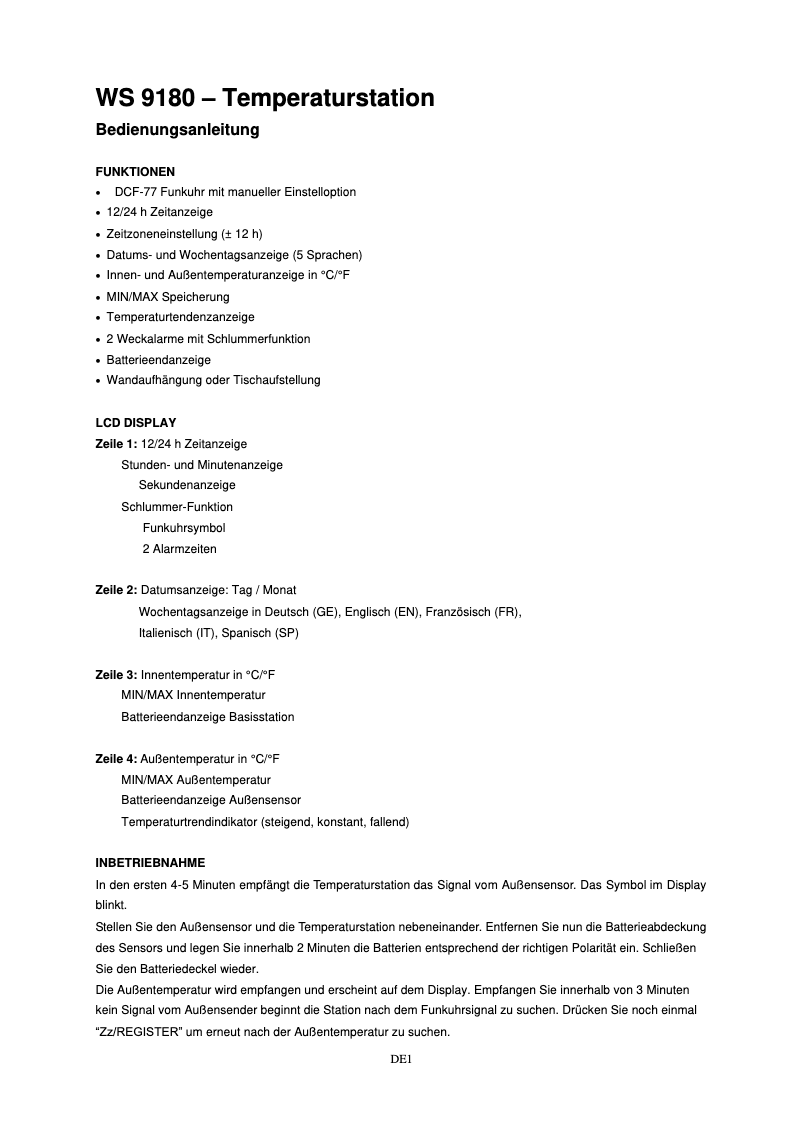 Image de la première page du manuel de l'appareil WS 9180