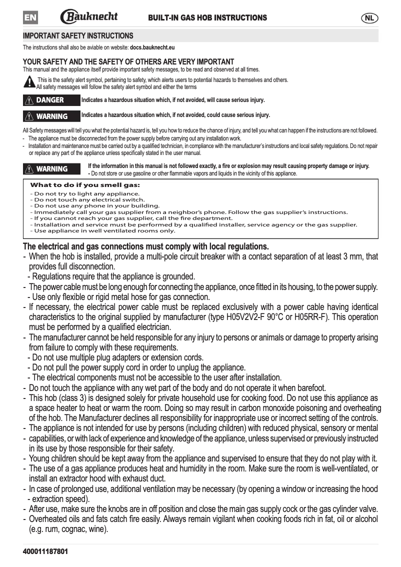 Page 1 de la notice Manuel utilisateur Bauknecht TGV 6745 SW
