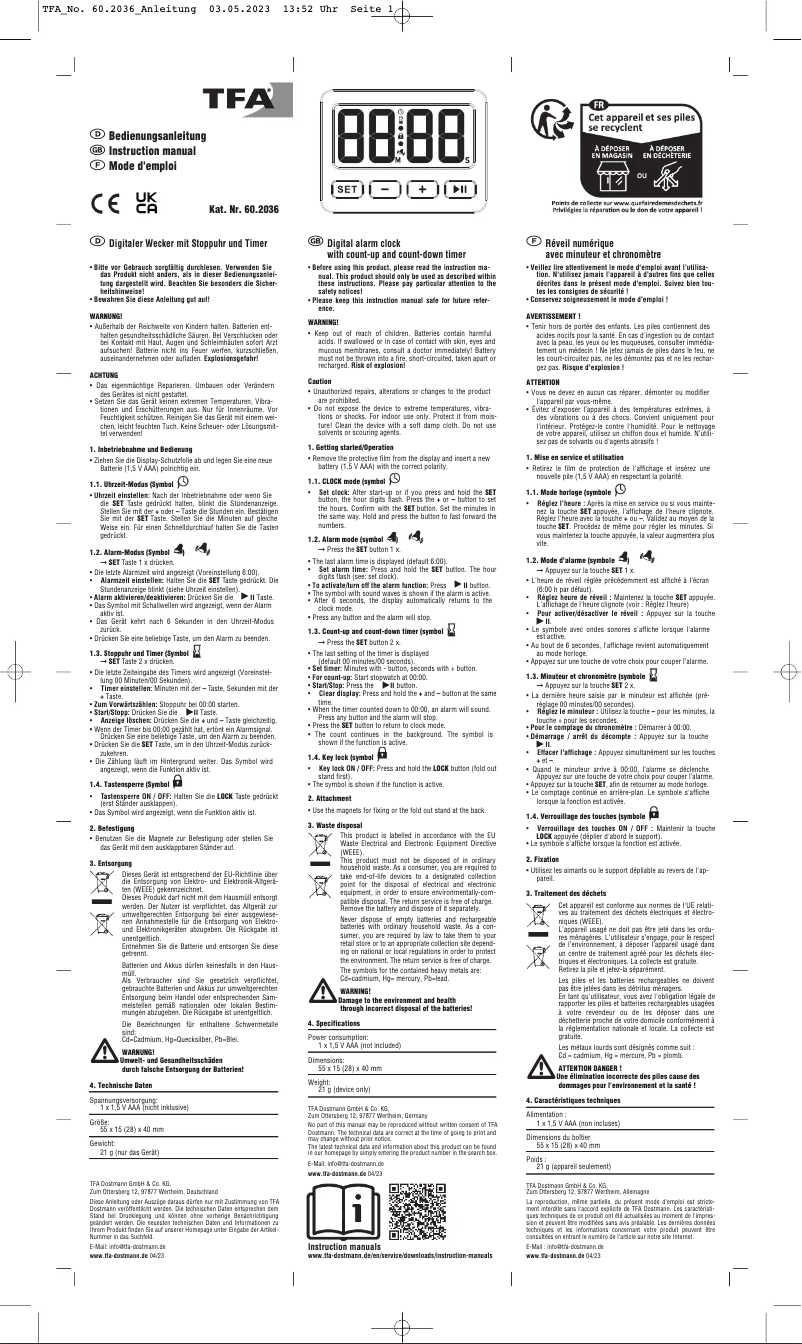 Page 1 de la notice Manuel utilisateur TFA 60.2036.01