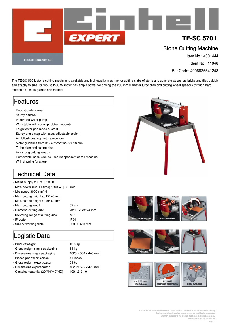 Page 1 de la notice Fiche technique Einhell TE-SC 570 L