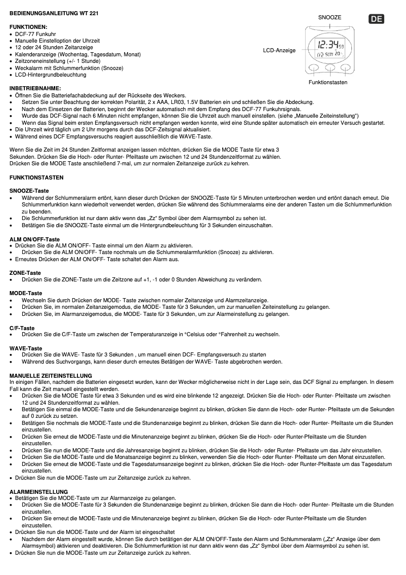 Page n°1 - Manuel utilisateur Techno Line WT 221