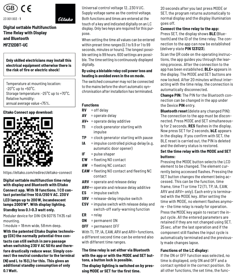 Page 1 de la notice Manuel utilisateur Eltako MFZ12DBT-UC