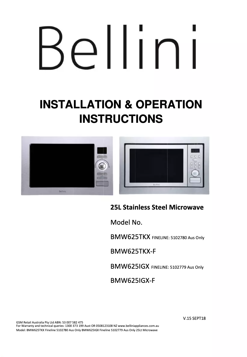 Page 1 de la notice Manuel utilisateur Bellini BMW625TKX-F