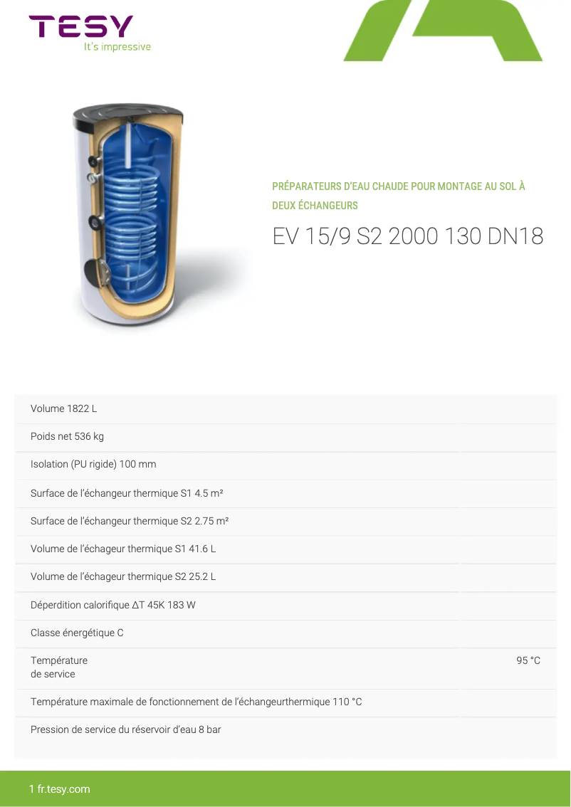Página 1 del manual Ficha técnica Tesy EV 15/9 S2 2000 130 DN18