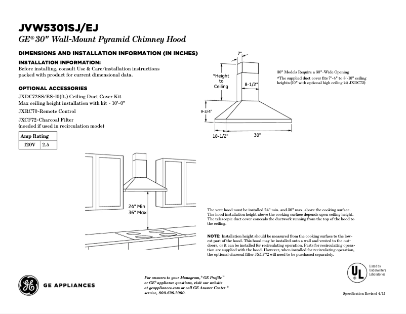 Page 1 de la notice Fiche technique GE JVW5301EJES