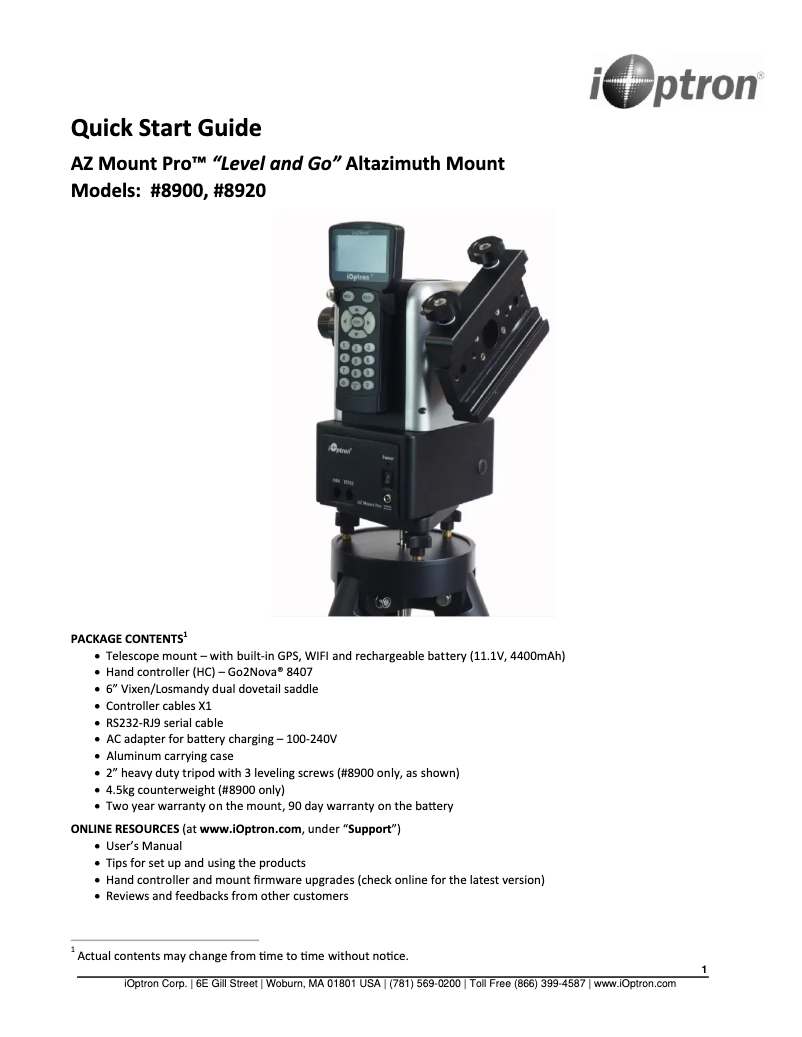 Page 1 de la notice Guide de démarrage rapide iOptron Urban 150