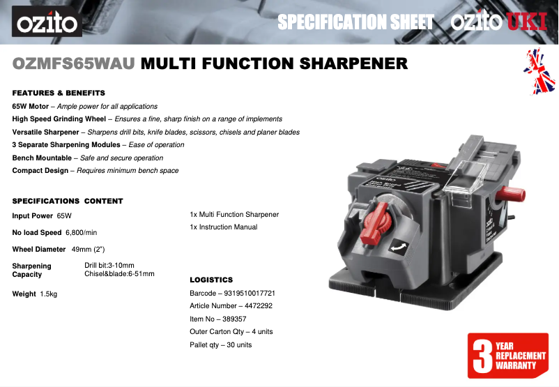 Page 1 de la notice Fiche technique Ozito OZMFS65WAU