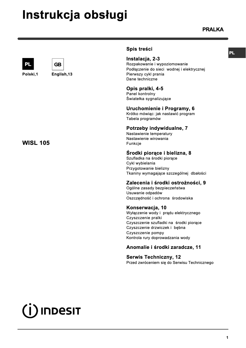 Page n°1 - Manuel utilisateur Indesit WISL 105 (PL).1