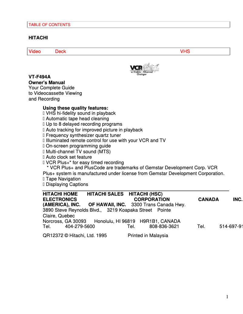 Page n°1 - Manuel utilisateur Hitachi VT-F494A