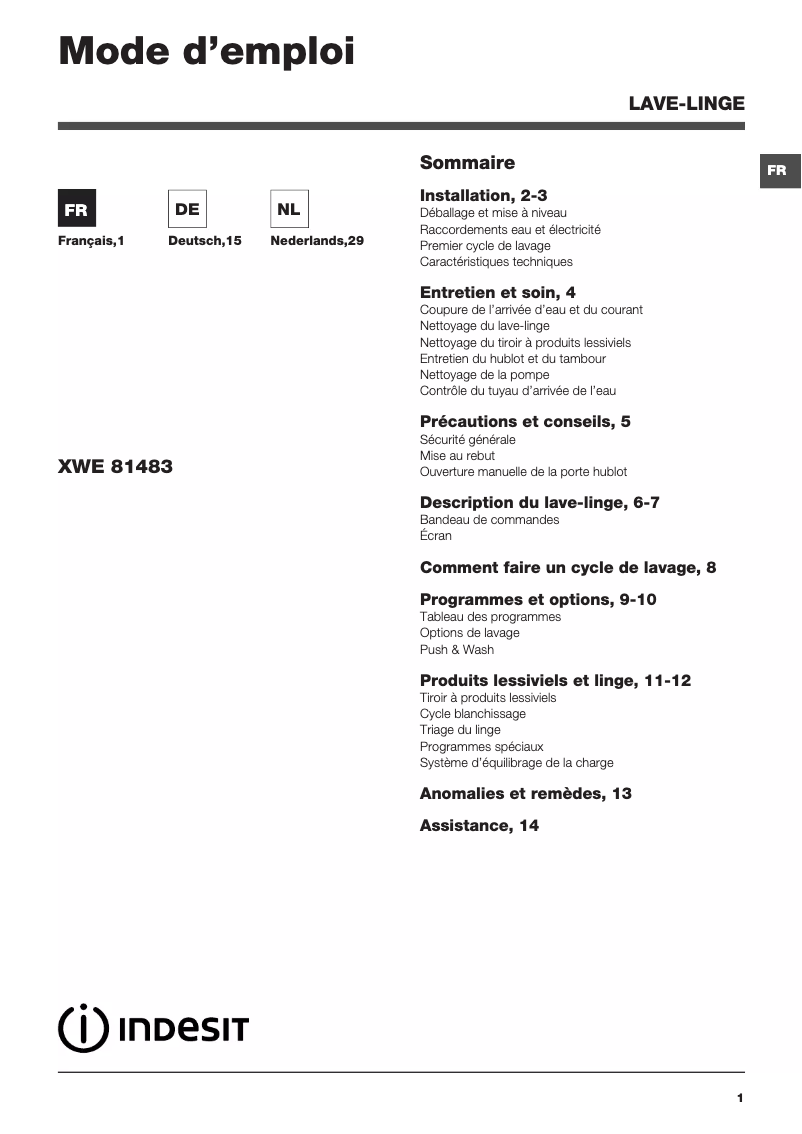 Page n°1 - Manuel utilisateur Indesit XWE 81483