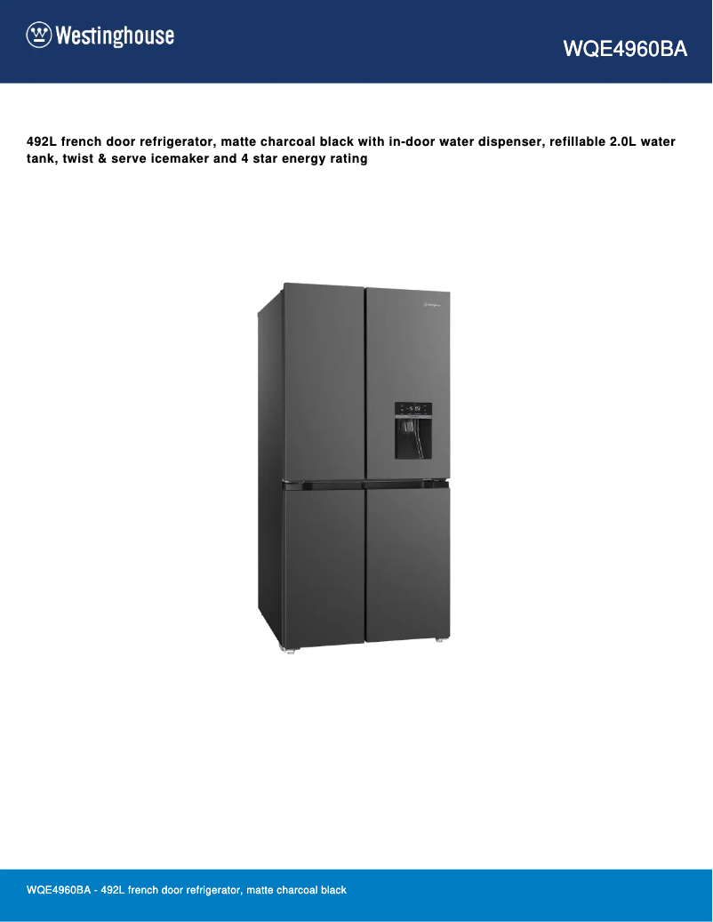Page 1 de la notice Fiche technique Westinghouse WQE4960BA