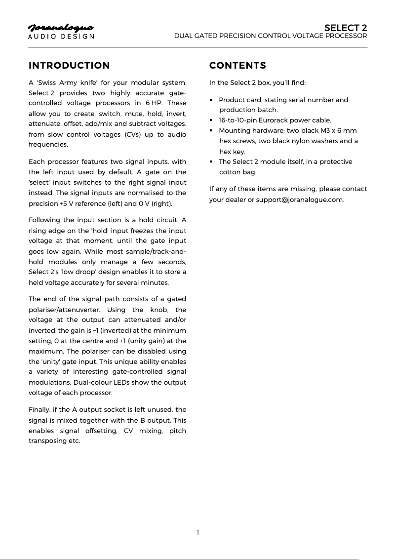 Page 1 de la notice Manuel utilisateur Joranalogue Select 2