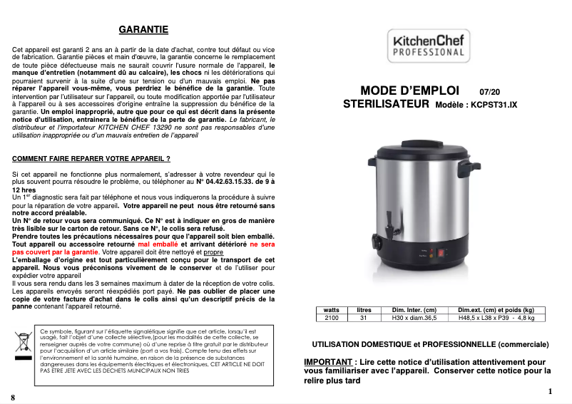 Page 1 de la notice Manuel utilisateur Kitchen Chef KCPST31.IX