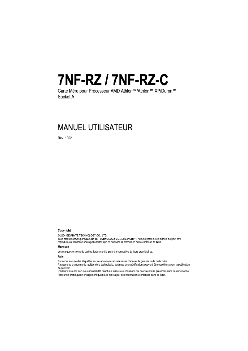 Page n°1 - Manuel utilisateur Gigabyte 7NF-RZ