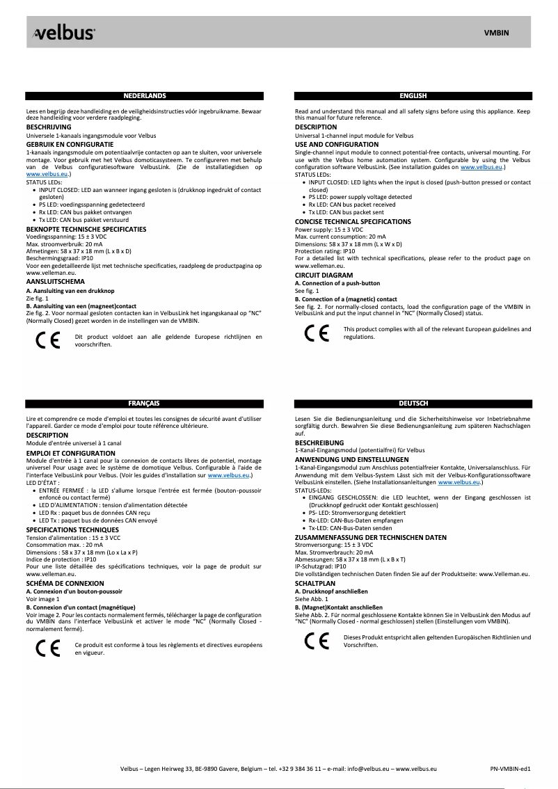 Page n°1 - Manuel utilisateur Velbus VMBIN