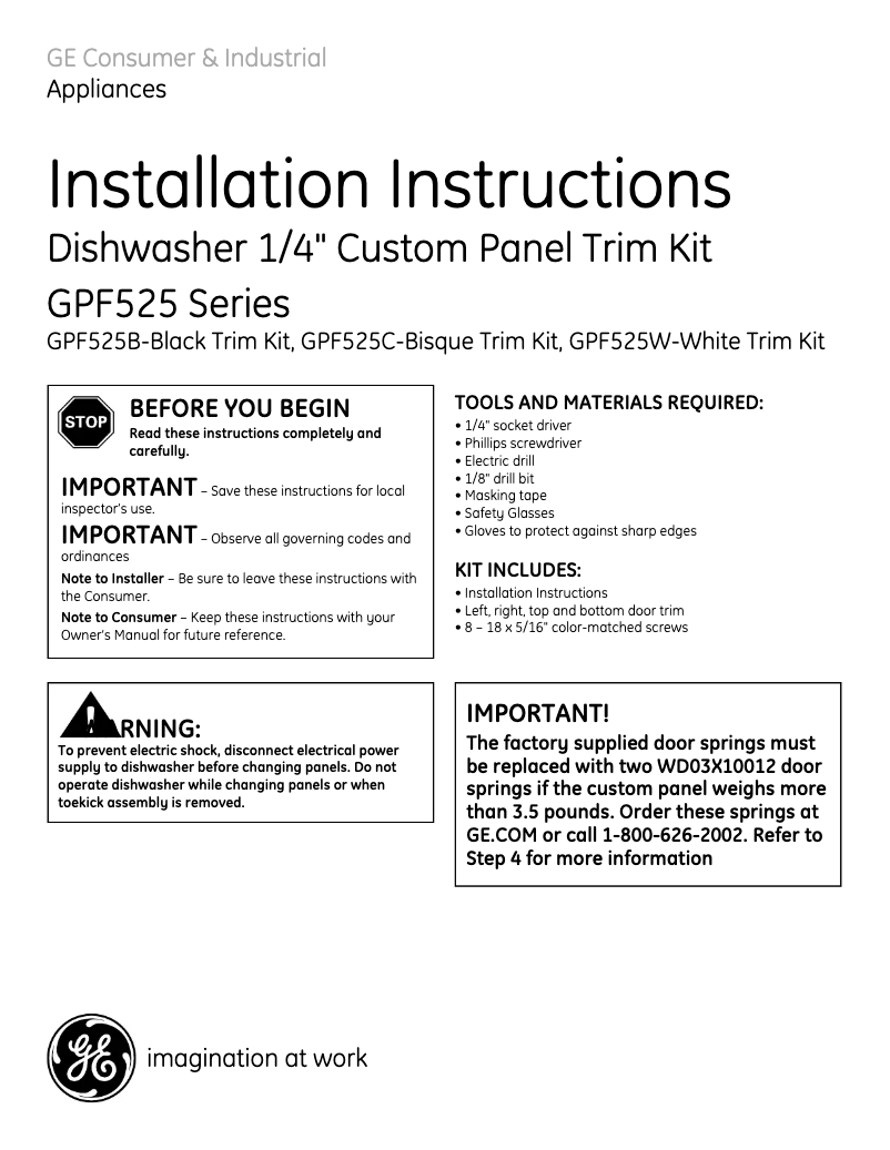 Page 1 de la notice Manuel utilisateur GE GPF525W