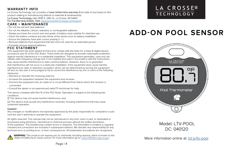 Page 1 de la notice Manuel utilisateur La Crosse Technology LTV-POOL