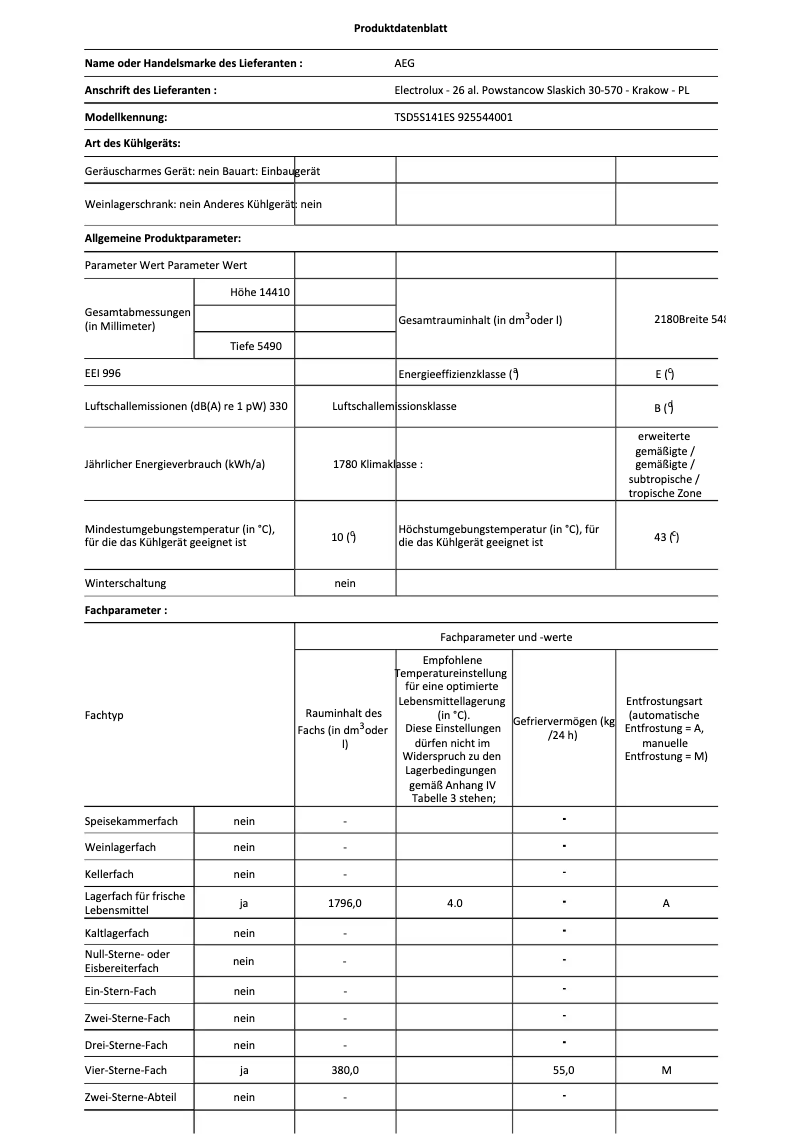 Page 1 de la notice Fiche technique AEG TSD5S141ES