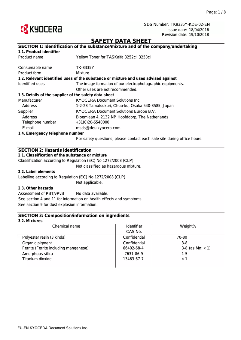 Page 1 of the manual Safety Instructions Kyocera TASKalfa 3253ci