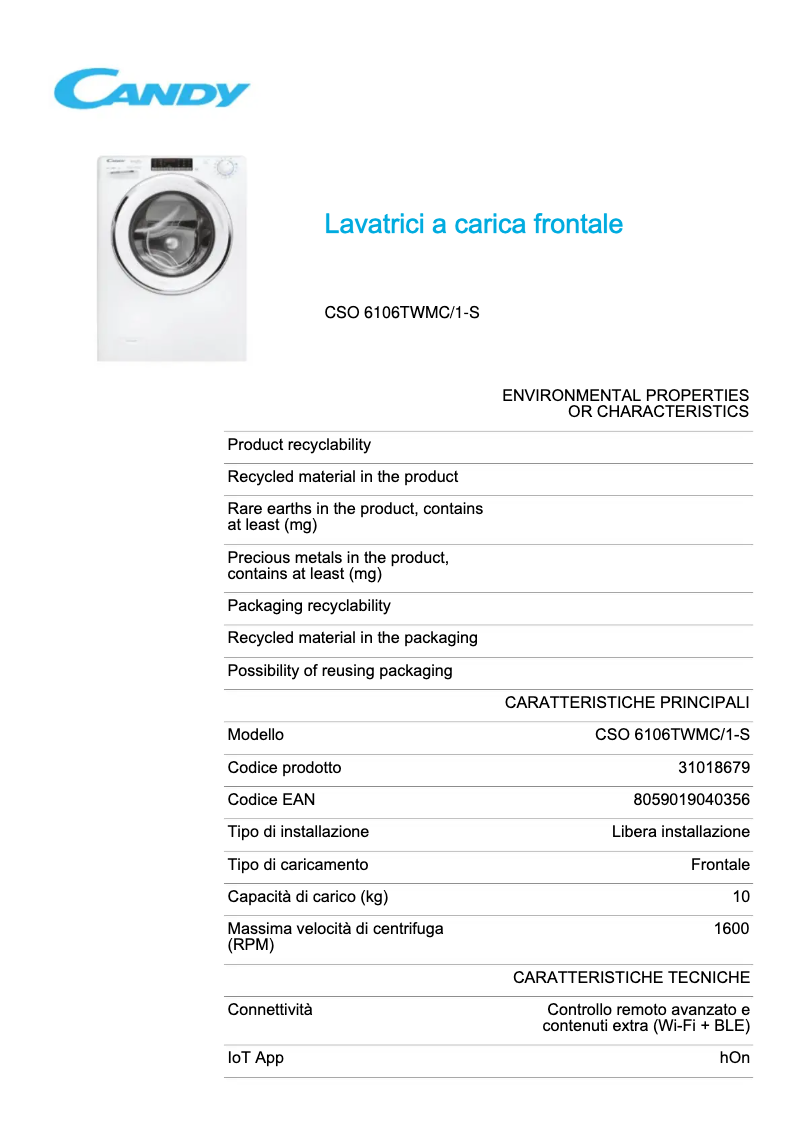 Page 1 de la notice Fiche technique Candy CSO 6106TWMC/1-S
