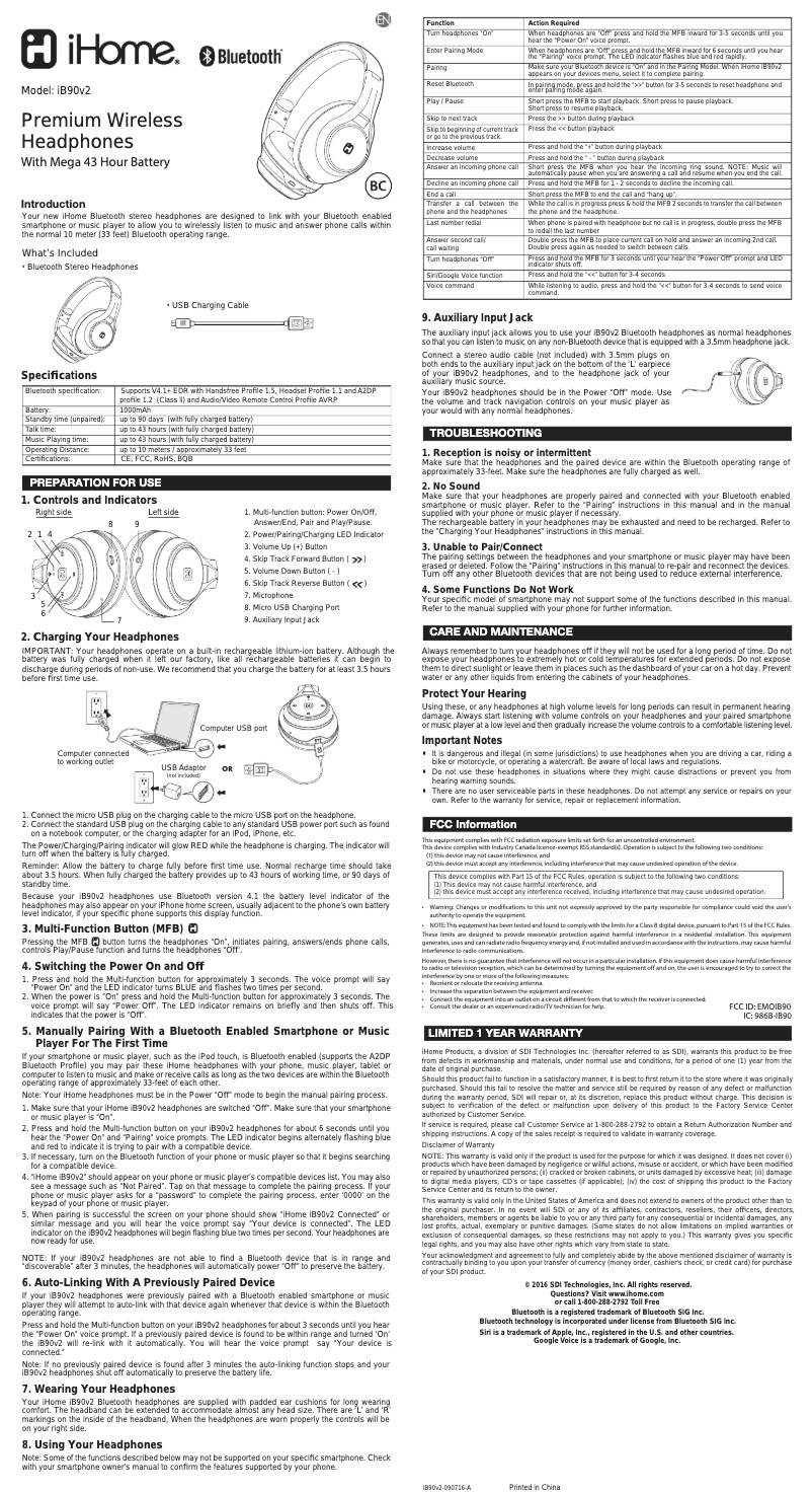 Page 1 de la notice Manuel utilisateur iHome iB90