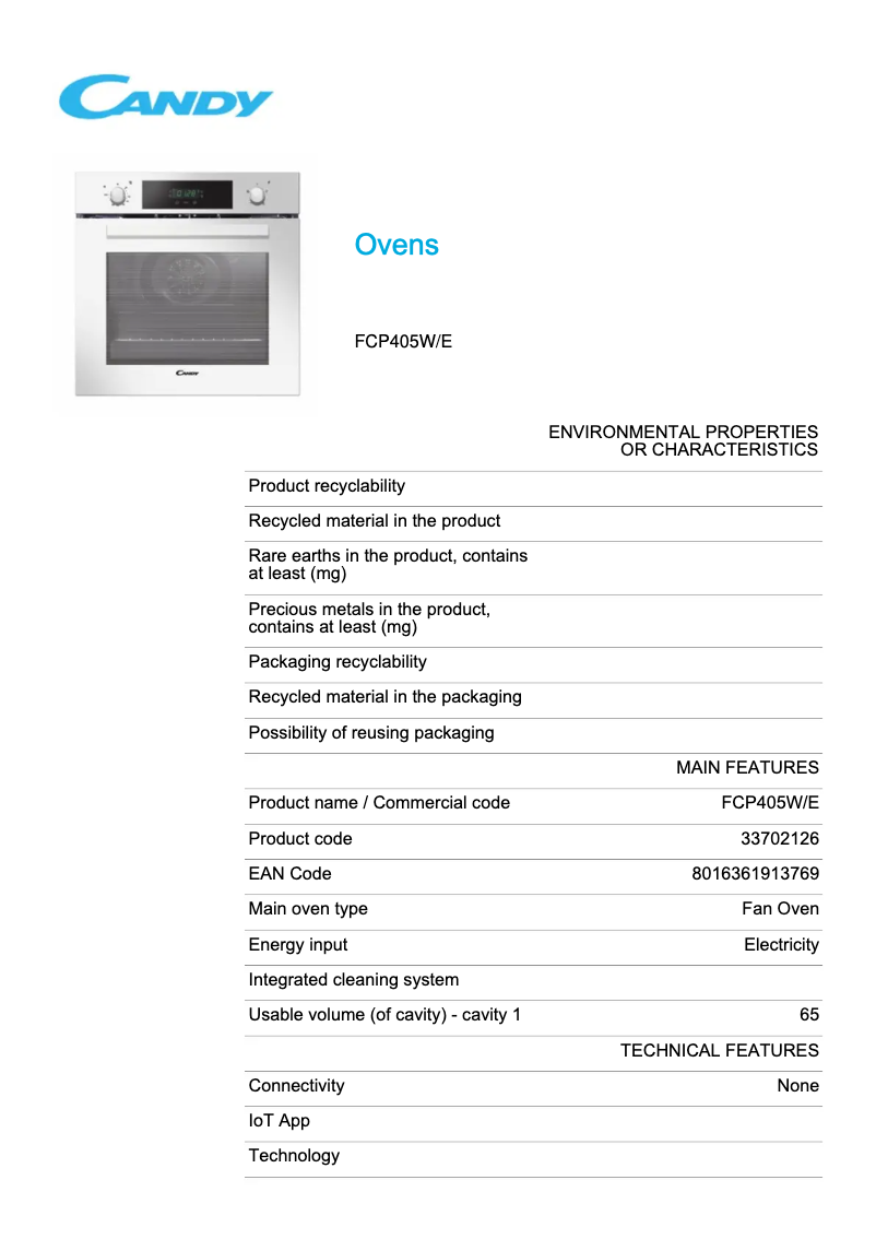 Page 1 de la notice Fiche technique Candy FCP405W/E