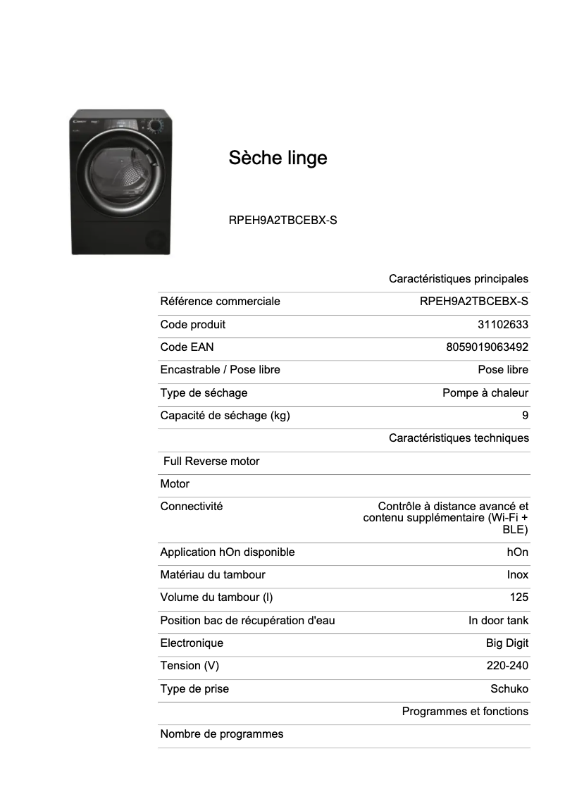 Image de la première page du manuel de l'appareil RPEH9A2TBCEBX-S