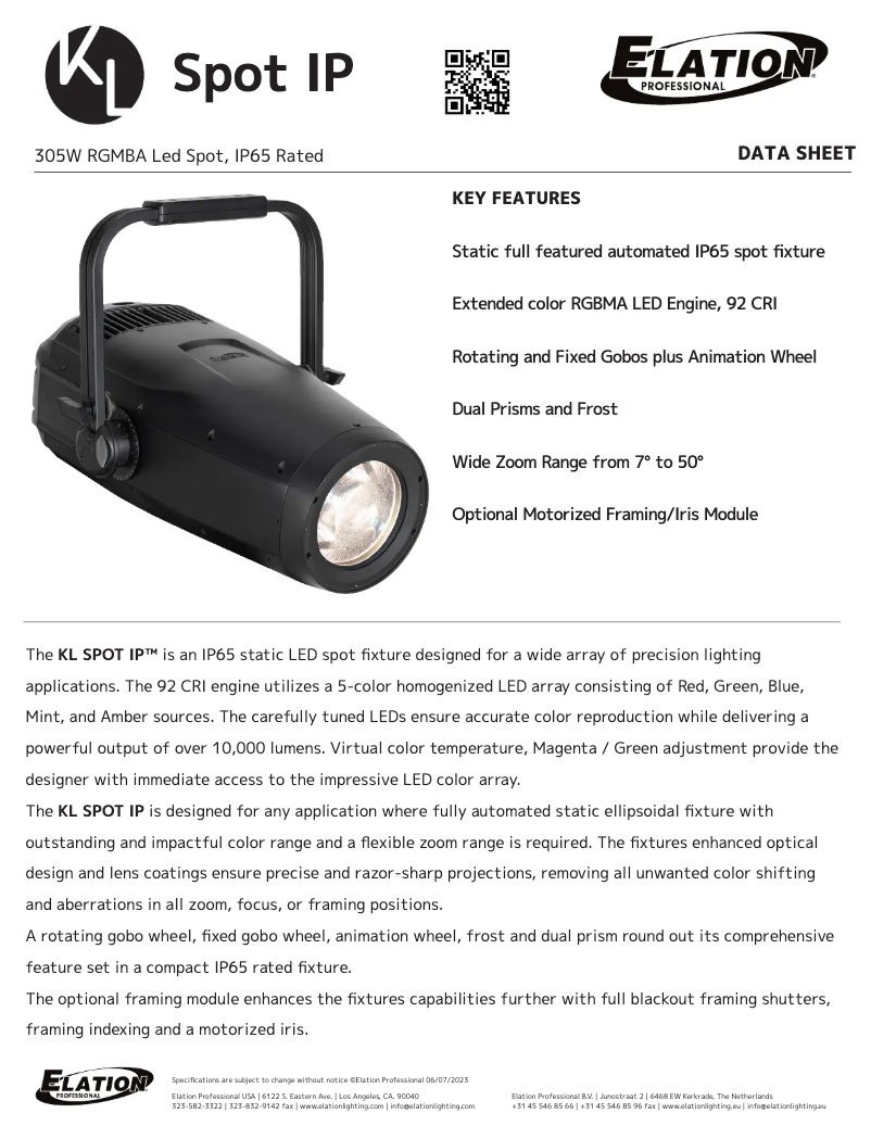Page 1 de la notice Fiche technique Elation KL Spot IP