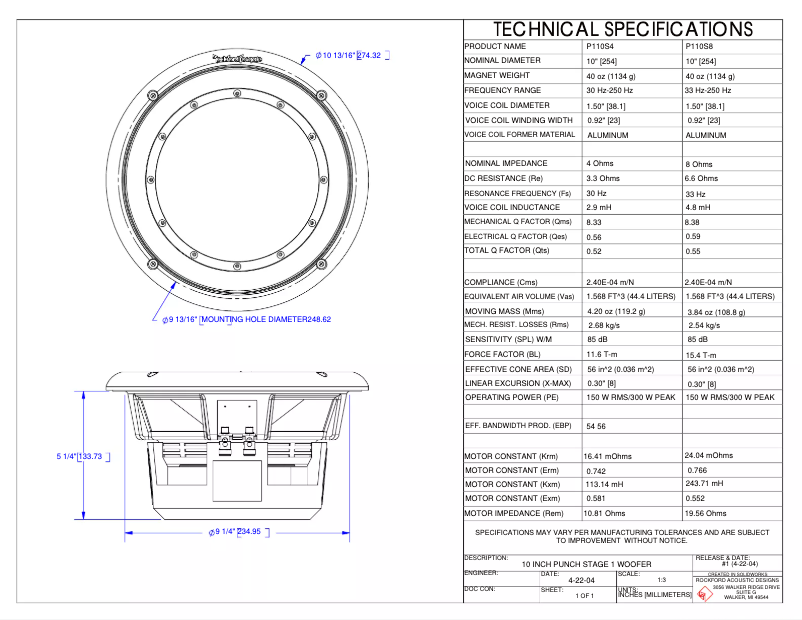 Page n°1 - Fiche technique Rockford Fosgate Punch P110S8