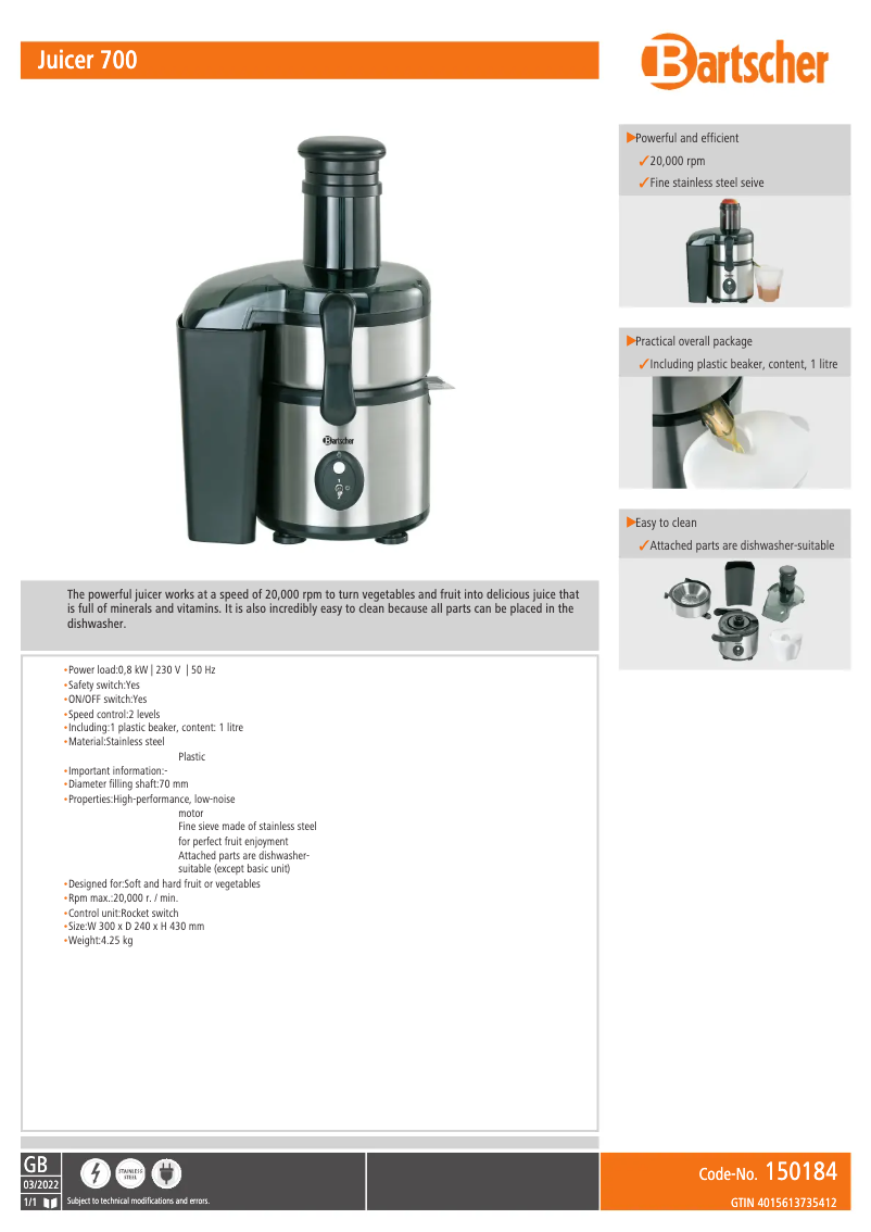 Page n°1 - Fiche technique Bartscher Juicer 700
