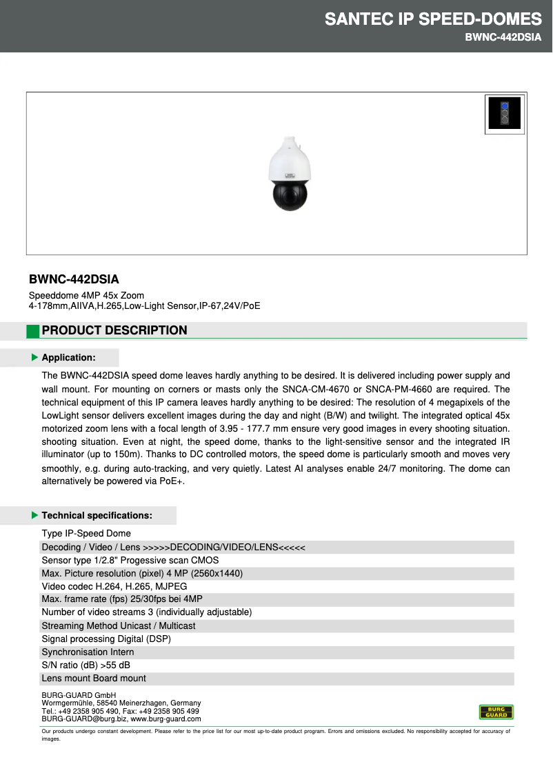 Page 1 de la notice Fiche technique Burg Wächter BWNC-442DSIA
