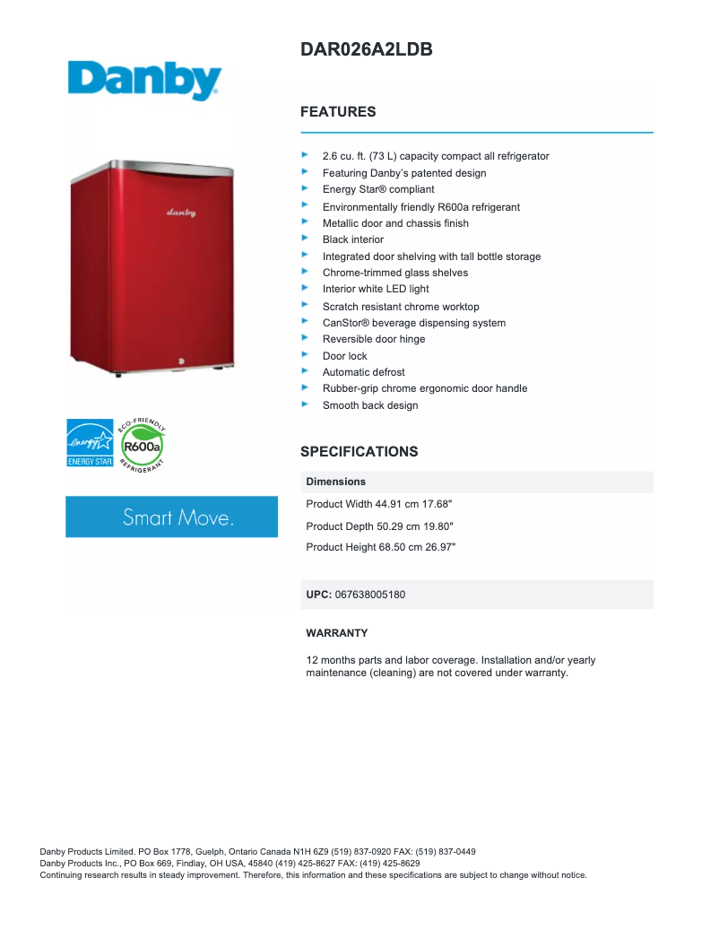 Page 1 de la notice Fiche technique Danby DAR026A2