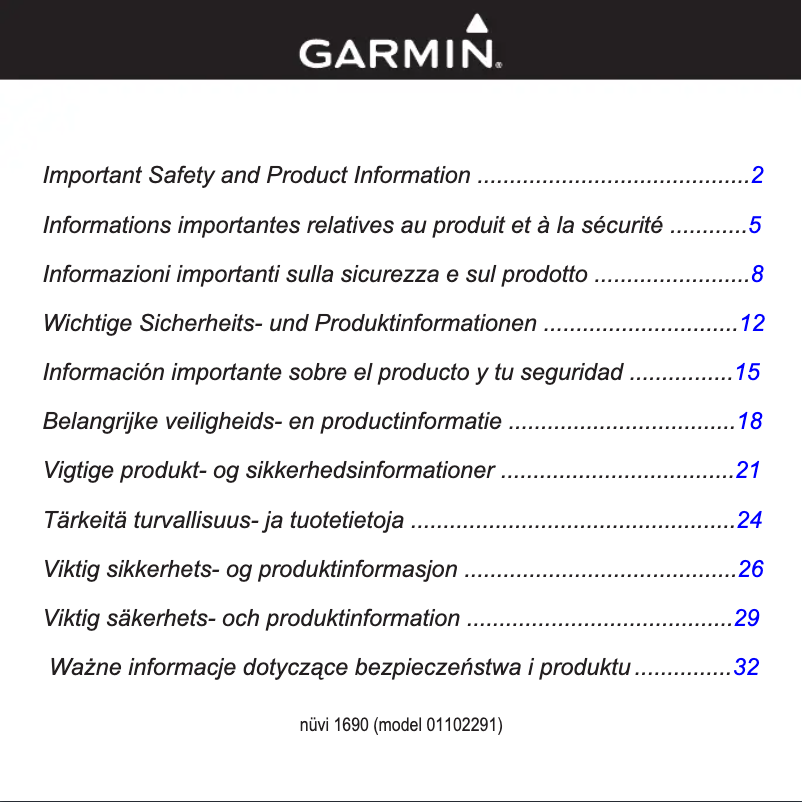 Page 1 de la notice Instructions de sécurité Garmin NüLink! 1690 LIVE