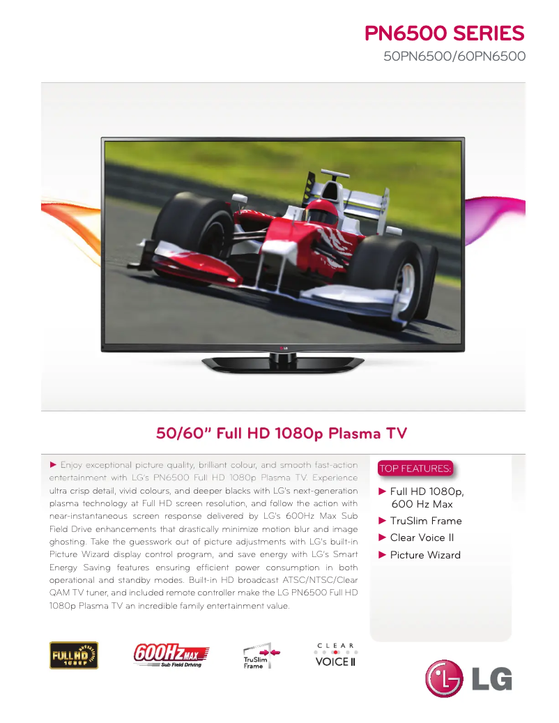 Page 1 de la notice Fiche technique LG 50PN6500