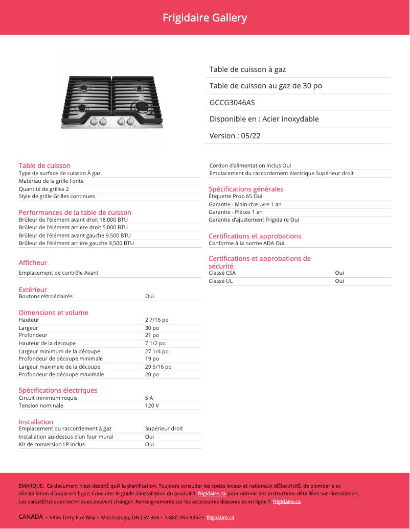 Page n°1 - Fiche technique Frigidaire GCCG3046AS