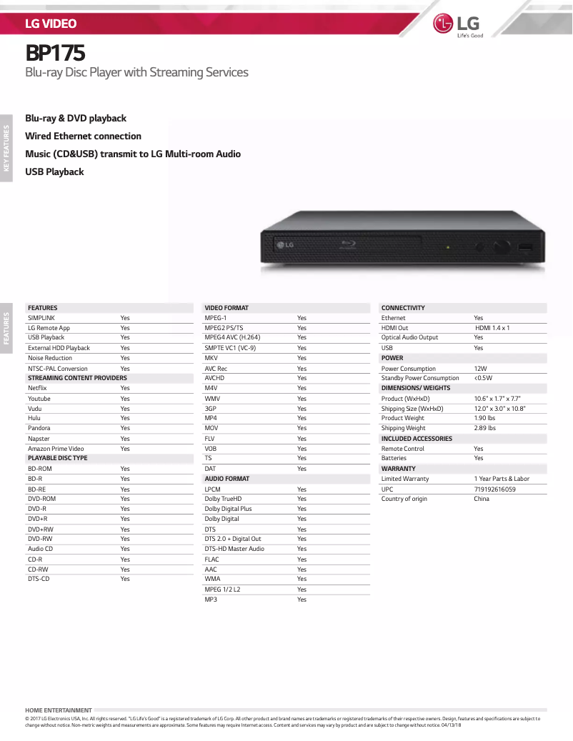 Page 1 de la notice Manuel utilisateur LG BP175RF