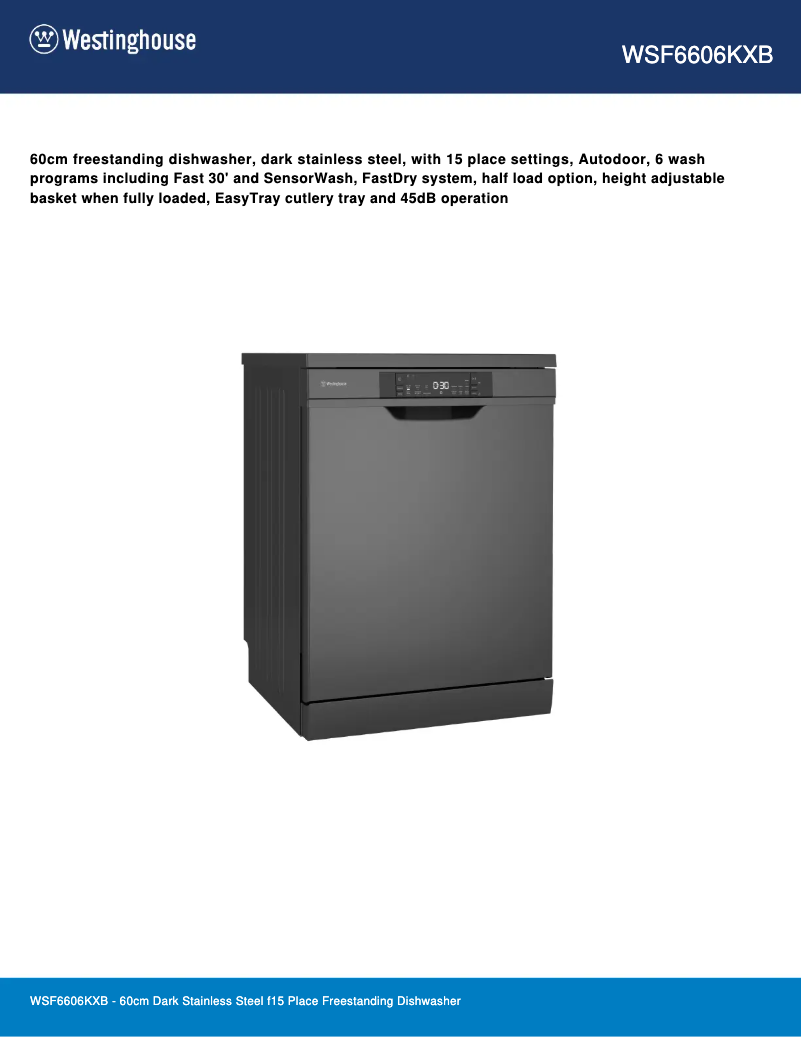 Page 1 de la notice Fiche technique Westinghouse WSF6606KXB