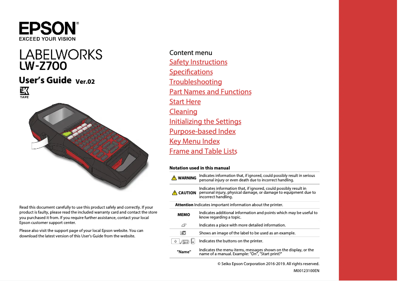 Page 1 de la notice Manuel utilisateur Epson LabelWorks LW-Z700FK