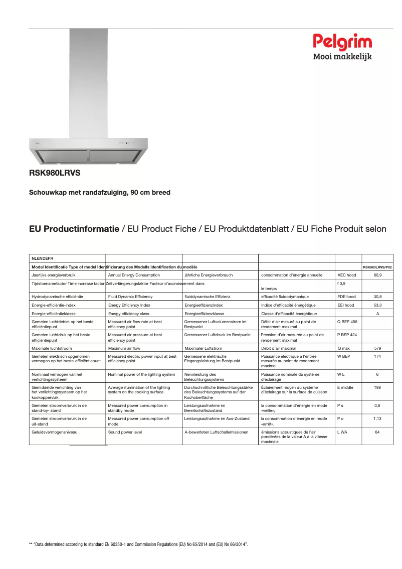 Page 1 de la notice Fiche technique Pelgrim RSK980LRVS