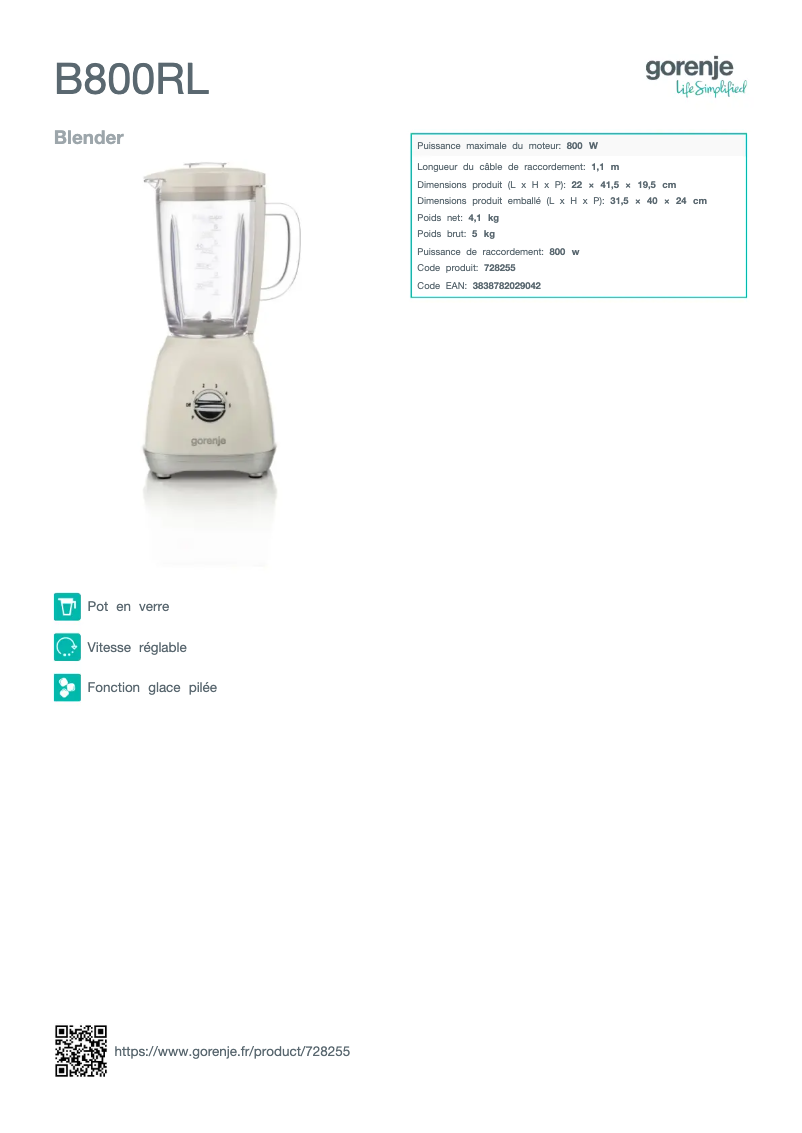 Page n°1 - Fiche technique Gorenje B800RL
