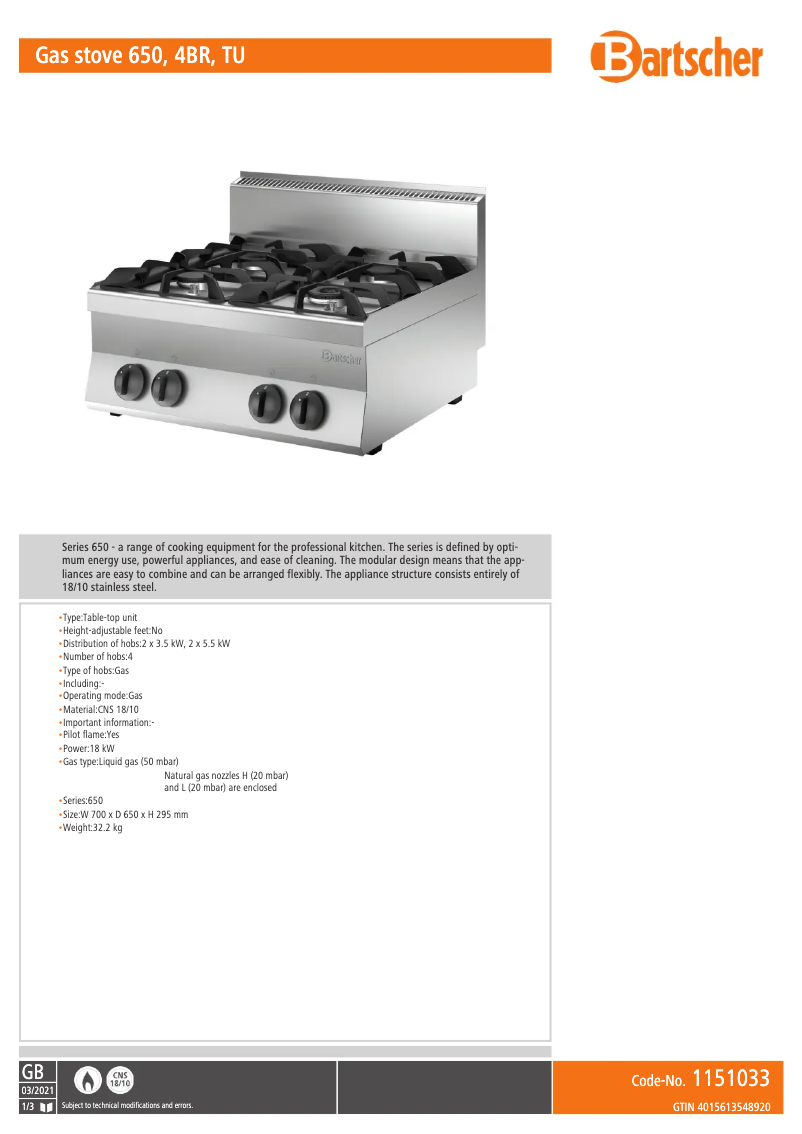 Page n°1 - Fiche technique Bartscher 1151033