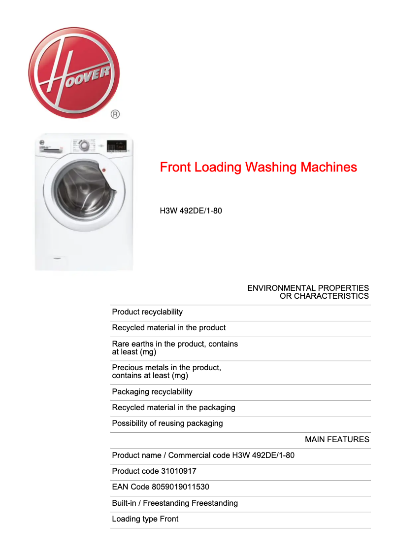 Page n°1 - Fiche technique Hoover H-WASH 300 LITE H3W 492DE/1-80