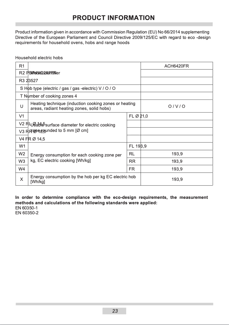 Page 1 de la notice Fiche technique Amica ACH6420FR