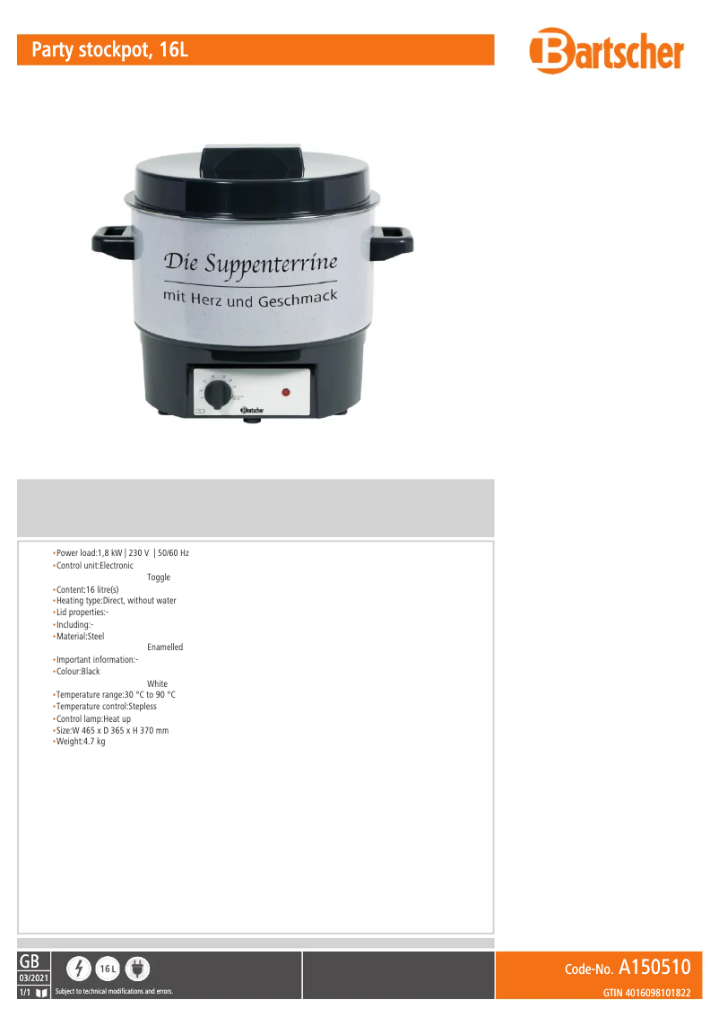Page n°1 - Fiche technique Bartscher A150510