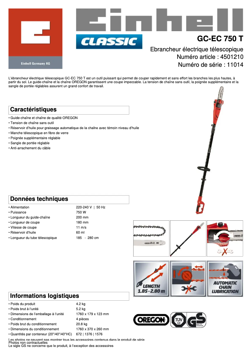 Page n°1 - Fiche technique Einhell GC-EC 750 T