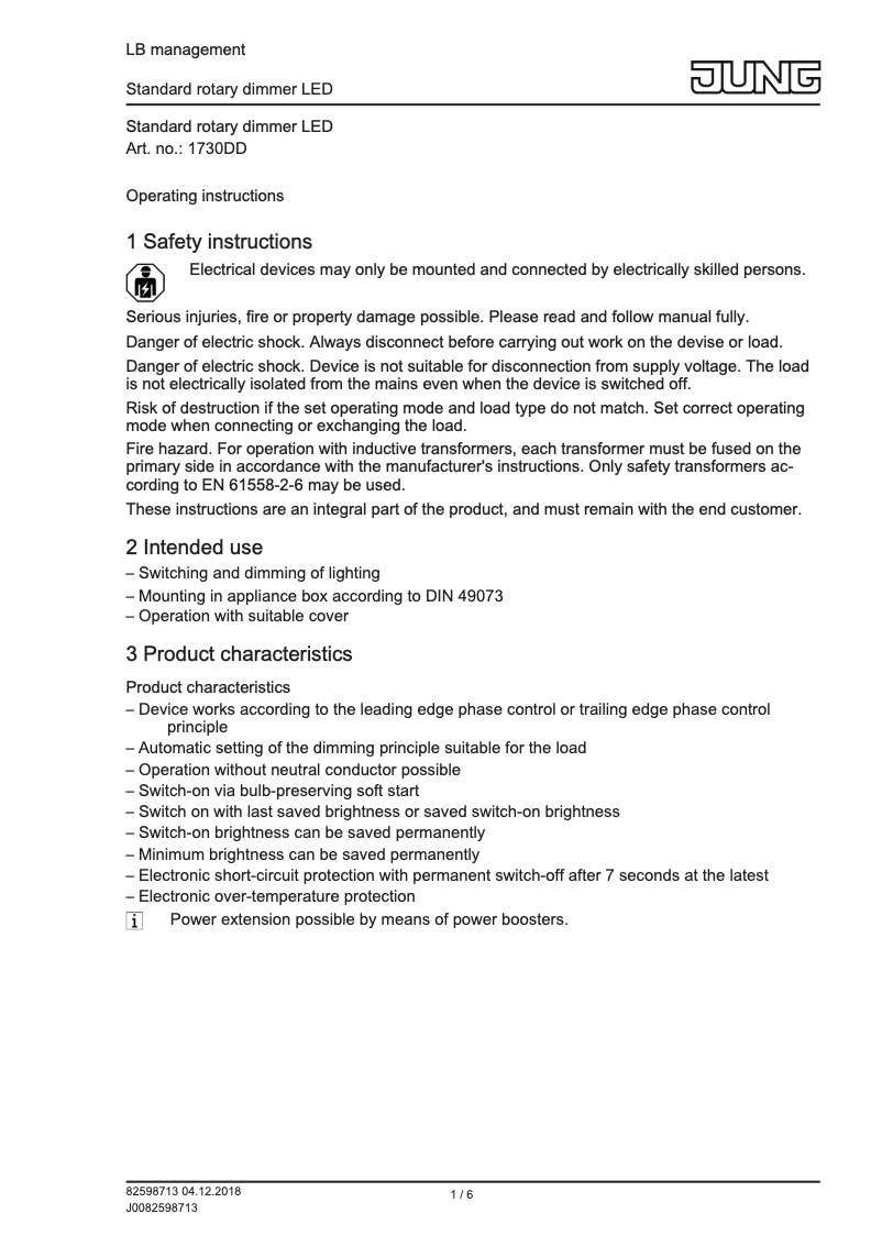 Page 1 de la notice Manuel utilisateur JUNG 1730DD