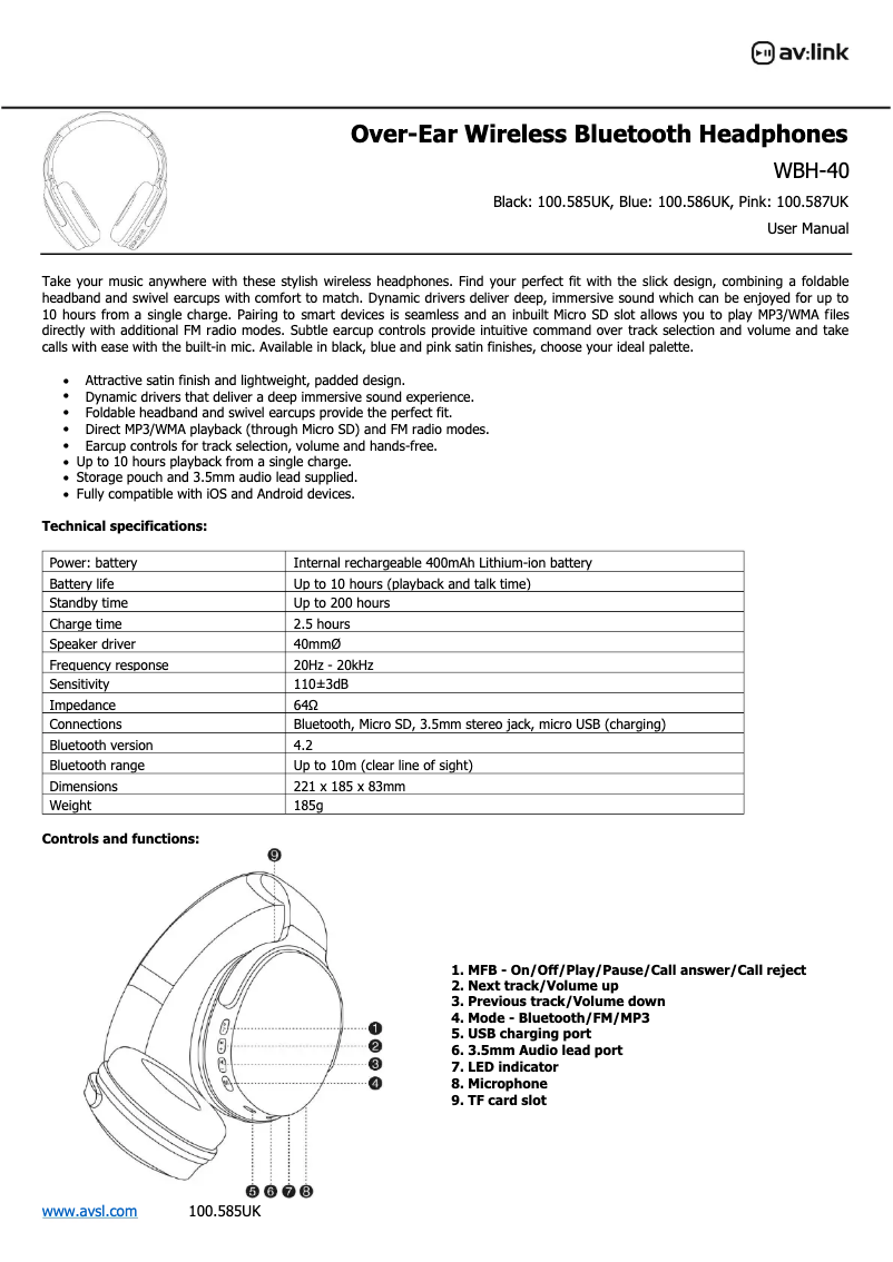 Page 1 de la notice Manuel utilisateur AV:link WBH-40