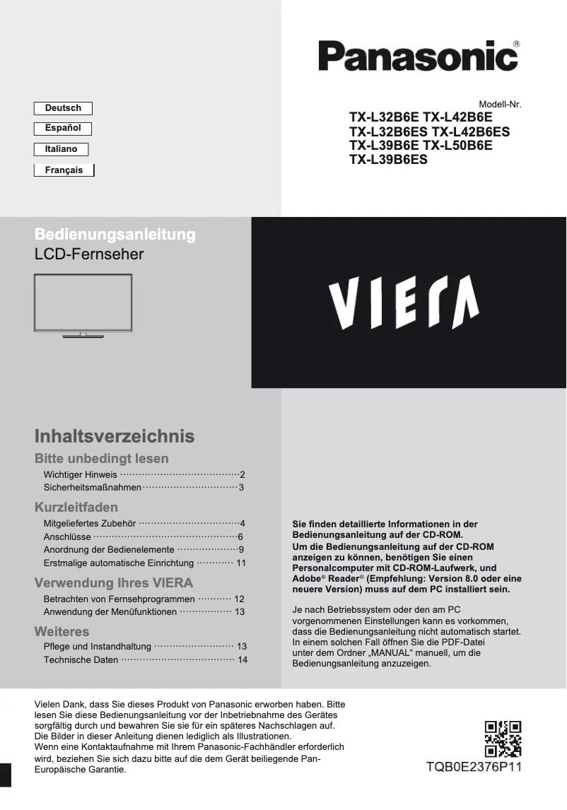 Page 1 de la notice Guide de démarrage rapide Panasonic Viera TX-L39B6E