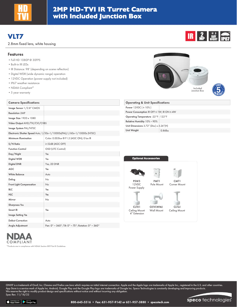 Page 1 de la notice Fiche technique Speco Technologies VLT7